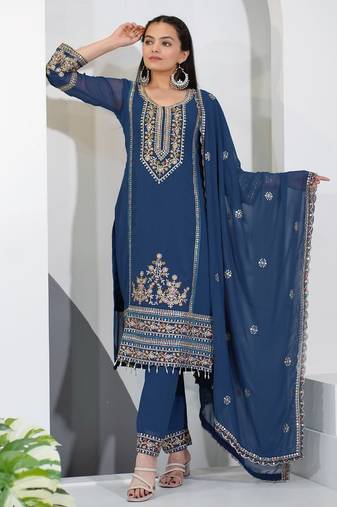 Navy-blue sequins embroidered faux georgette stitched salwar kameez
