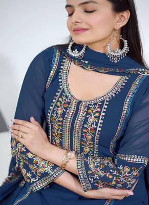 Navy-blue sequins embroidered faux georgette stitched salwar kameez 2