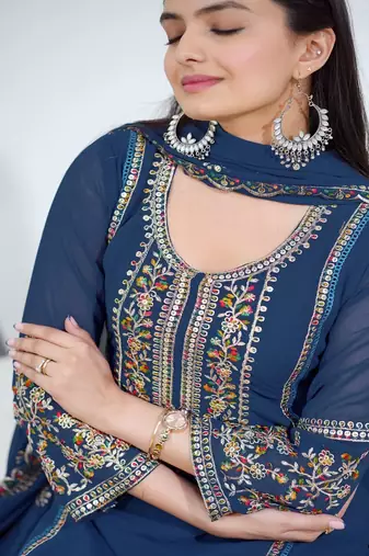 Navy-blue sequins embroidered faux georgette stitched salwar kameez