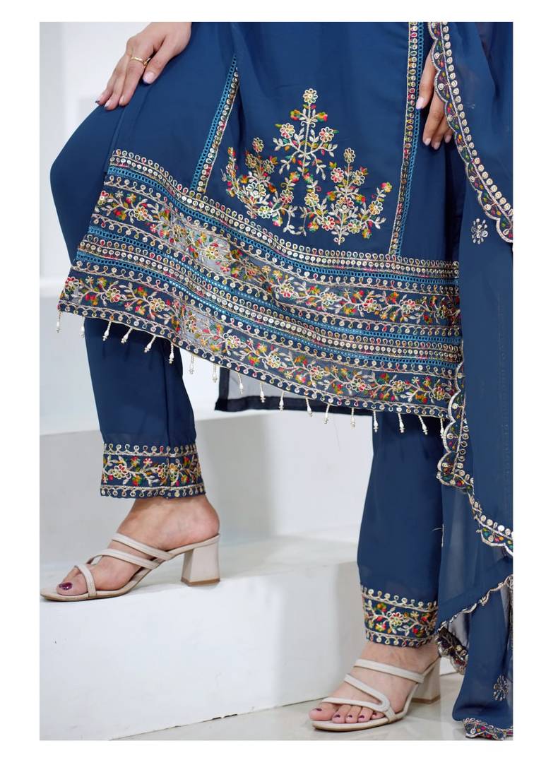 Navy-blue sequins embroidered faux georgette stitched salwar kameez