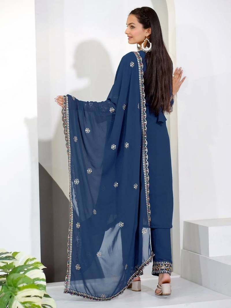 Navy-blue sequins embroidered faux georgette stitched salwar kameez