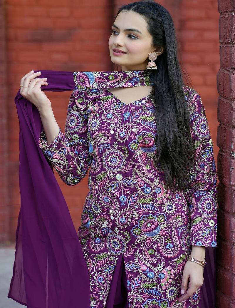 Wine sequence embroidered and real mirror work  tappeta silk stitched salwar kameez