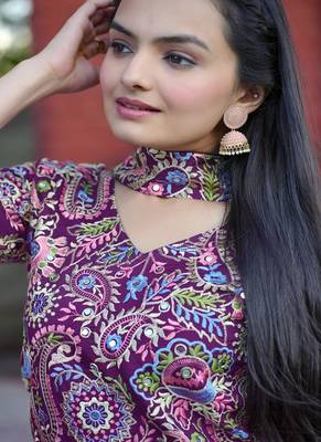 Wine sequence embroidered and real mirror work  tappeta silk stitched salwar kameez 4