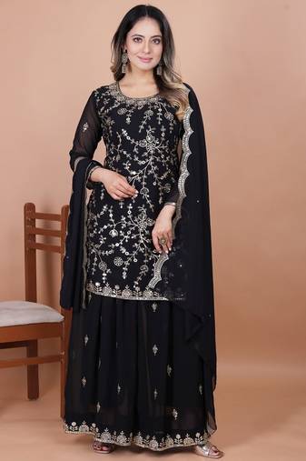 Black sequins embroidered faux georgette stitched salwar kameez