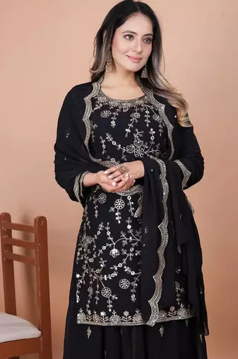 Black sequins embroidered faux georgette stitched salwar kameez