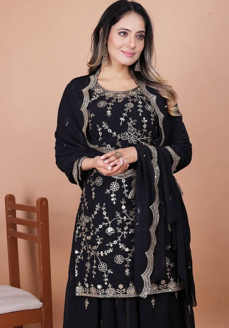 Black sequins embroidered faux georgette stitched salwar kameez