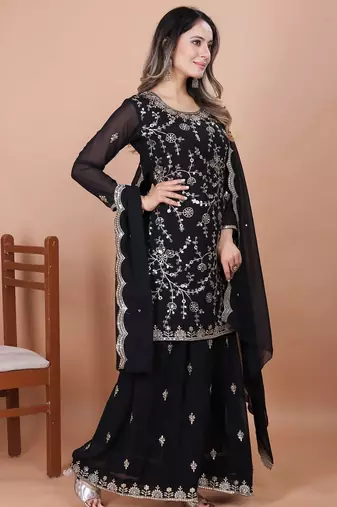 Black sequins embroidered faux georgette stitched salwar kameez
