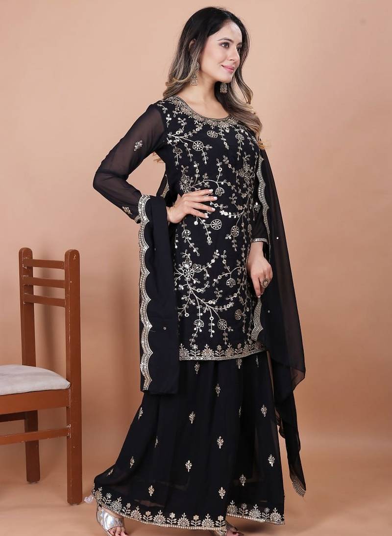 Black sequins embroidered faux georgette stitched salwar kameez