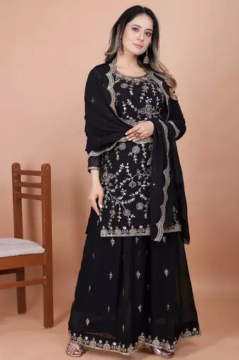 Black sequins embroidered faux georgette stitched salwar kameez