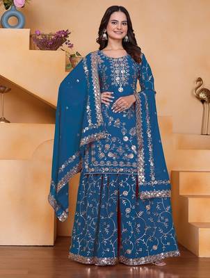 Blue sequins embroidered faux georgette stitched salwar kameez 1
