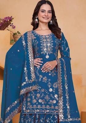 Blue sequins embroidered faux georgette stitched salwar kameez 2