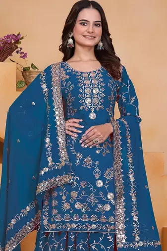 Blue sequins embroidered faux georgette stitched salwar kameez