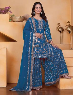 Blue sequins embroidered faux georgette stitched salwar kameez 3