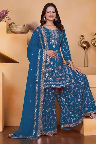 Blue sequins embroidered faux georgette stitched salwar kameez