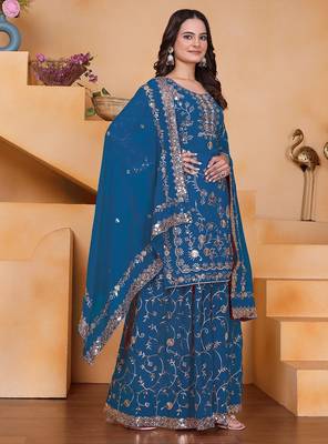 Blue sequins embroidered faux georgette stitched salwar kameez 4