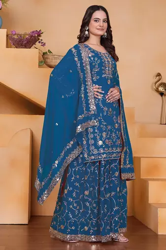 Blue sequins embroidered faux georgette stitched salwar kameez