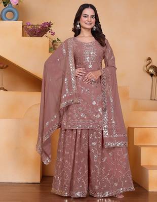 Coffee sequins embroidered faux georgette stitched salwar kameez 1