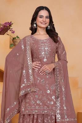 Coffee sequins embroidered faux georgette stitched salwar kameez 2