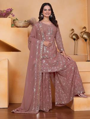 Coffee sequins embroidered faux georgette stitched salwar kameez 3