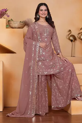 Coffee sequins embroidered faux georgette stitched salwar kameez