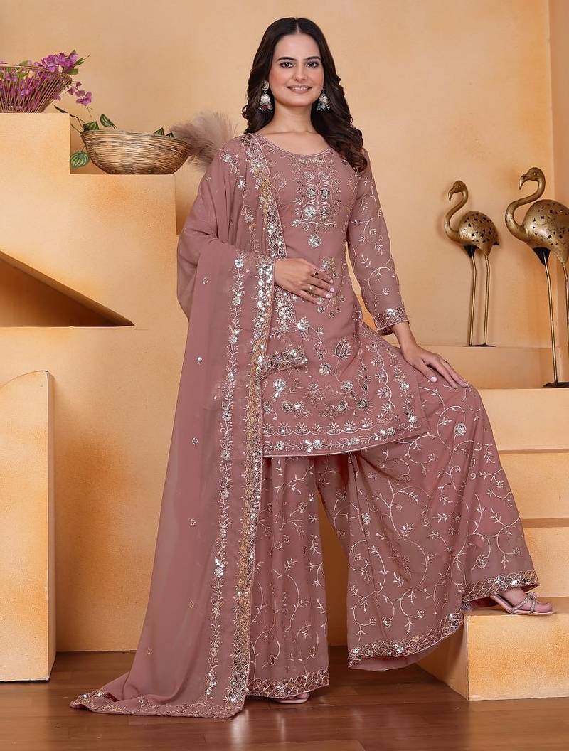 Coffee sequins embroidered faux georgette stitched salwar kameez