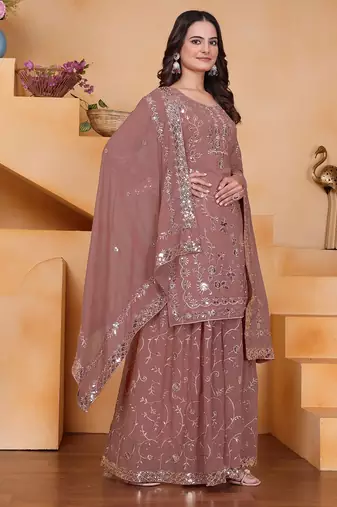 Coffee sequins embroidered faux georgette stitched salwar kameez
