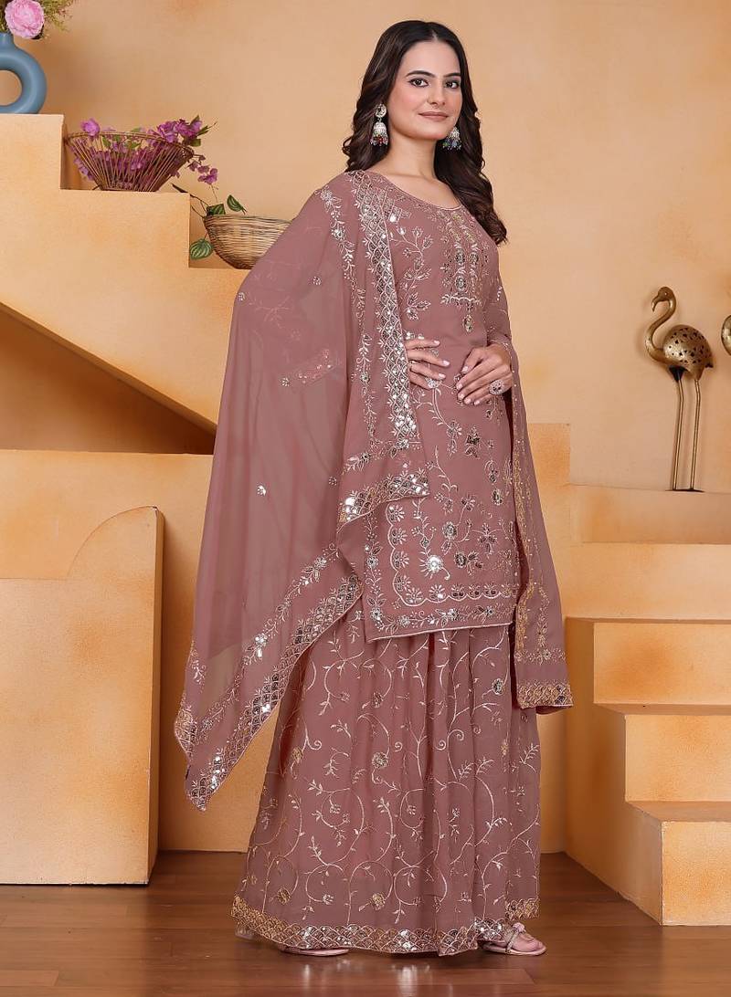 Coffee sequins embroidered faux georgette stitched salwar kameez