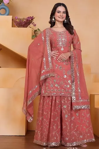 Orange sequins embroidered faux georgette stitched salwar kameez