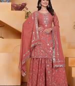Orange sequins embroidered faux georgette stitched salwar kameez