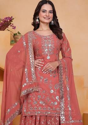 Orange sequins embroidered faux georgette stitched salwar kameez 2