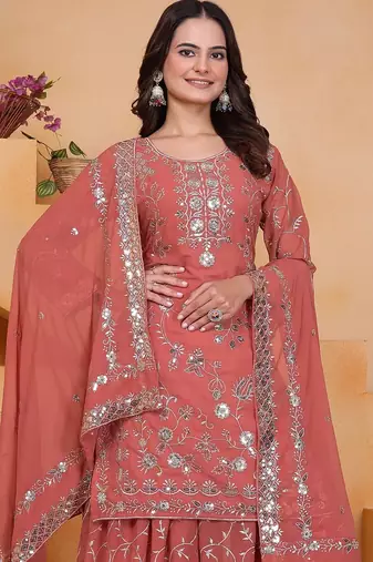Orange sequins embroidered faux georgette stitched salwar kameez