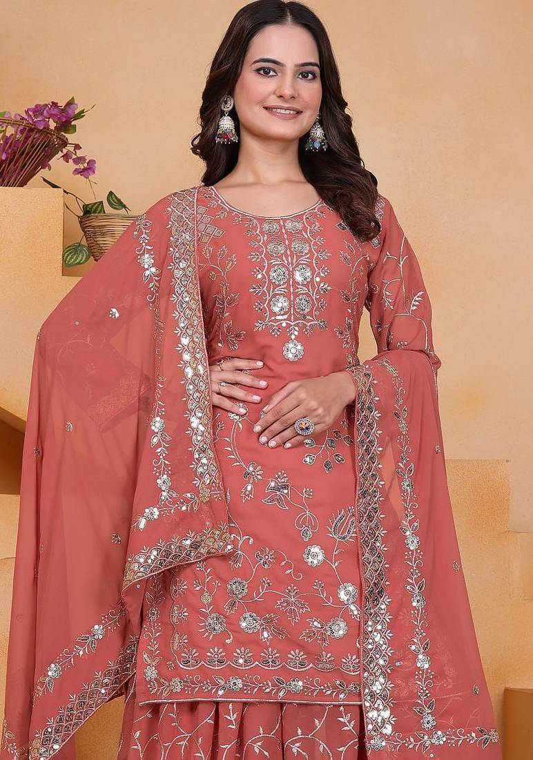 Orange sequins embroidered faux georgette stitched salwar kameez