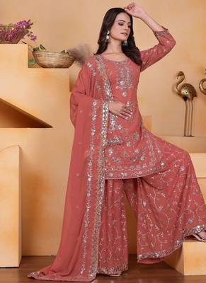Orange sequins embroidered faux georgette stitched salwar kameez 3