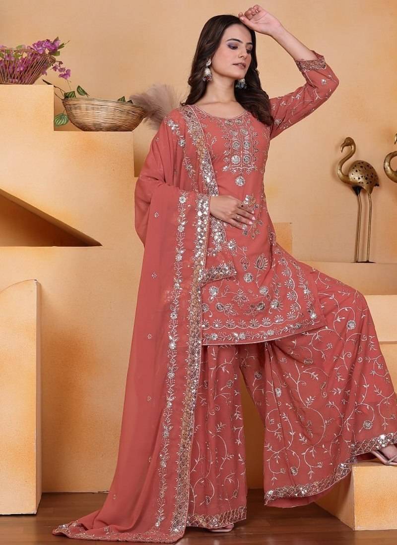 Orange sequins embroidered faux georgette stitched salwar kameez