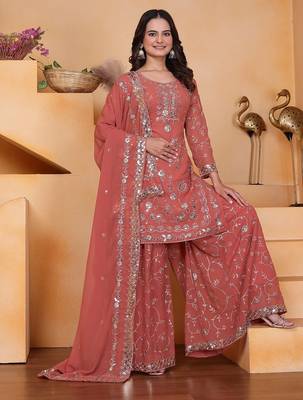 Orange sequins embroidered faux georgette stitched salwar kameez 4