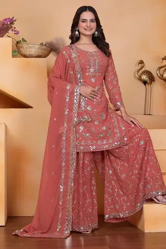 Orange sequins embroidered faux georgette stitched salwar kameez