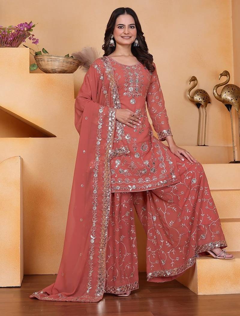 Orange sequins embroidered faux georgette stitched salwar kameez