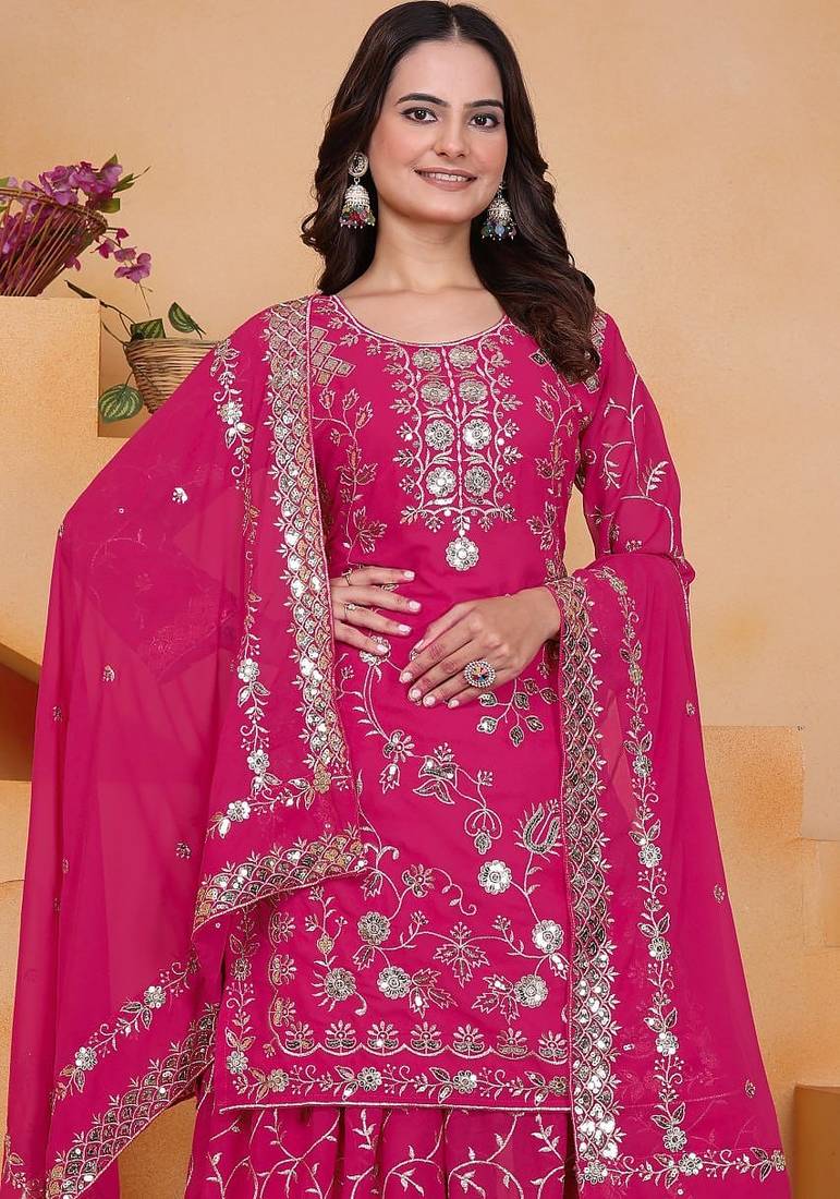 Pink sequins embroidered faux georgette stitched salwar kameez