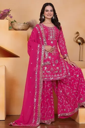 Pink sequins embroidered faux georgette stitched salwar kameez
