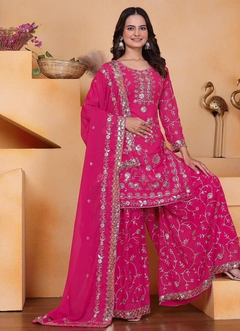 Pink sequins embroidered faux georgette stitched salwar kameez