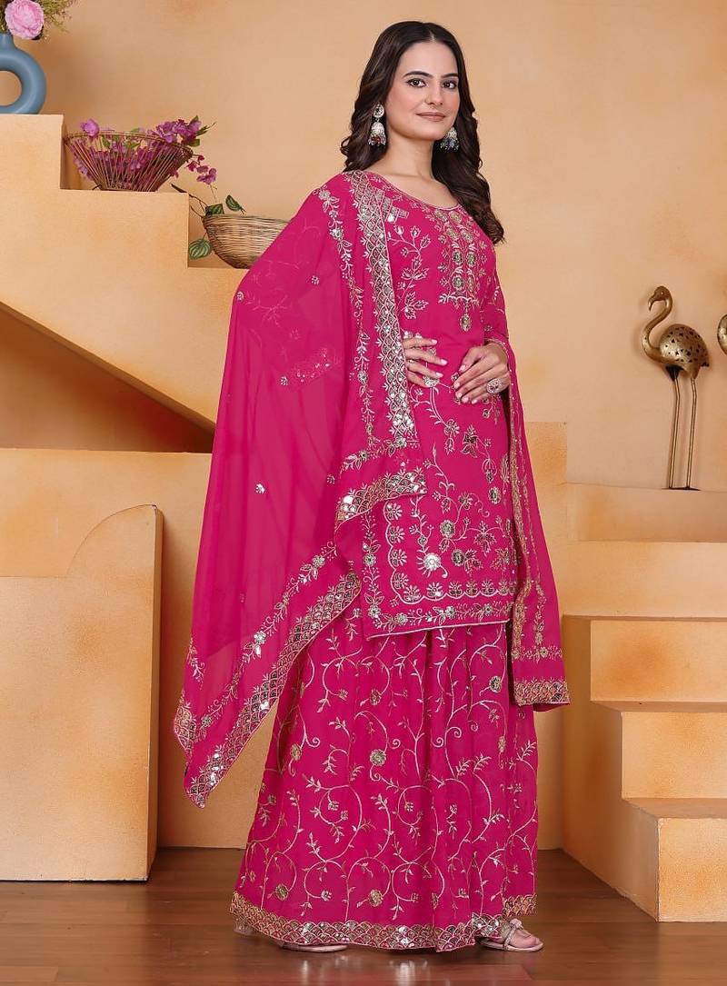 Pink sequins embroidered faux georgette stitched salwar kameez