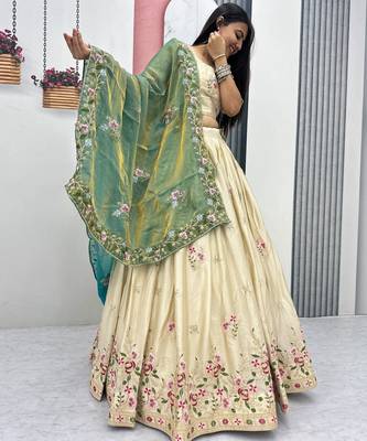 Off White Color Embroidery ,Thread and Sequence Work Silk blend lehenga choli set 1