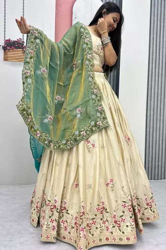 Off White Color Embroidery ,Thread and Sequence Work Silk blend lehenga choli set