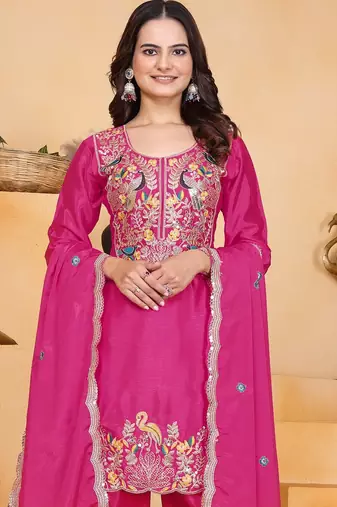 Pink coding sequins embroidered chinon stitched salwar kameez