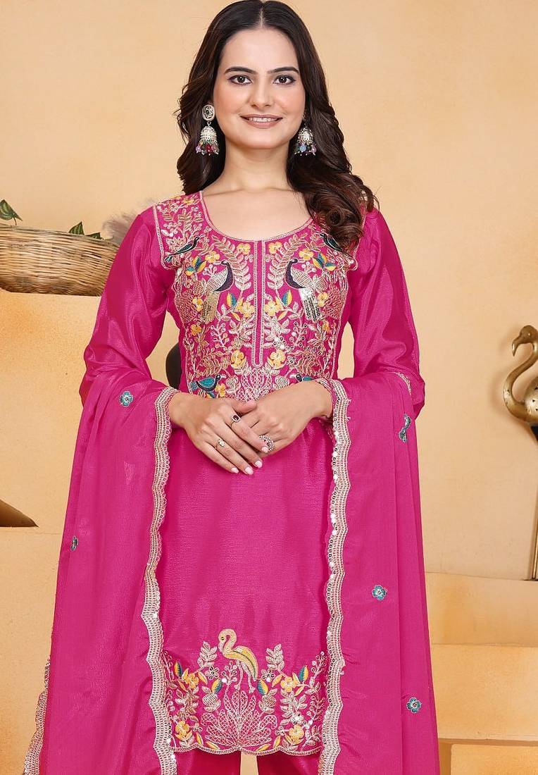 Pink coding sequins embroidered chinon stitched salwar kameez