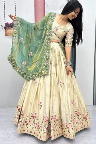 Off White Color Embroidery ,Thread and Sequence Work Silk blend lehenga choli set