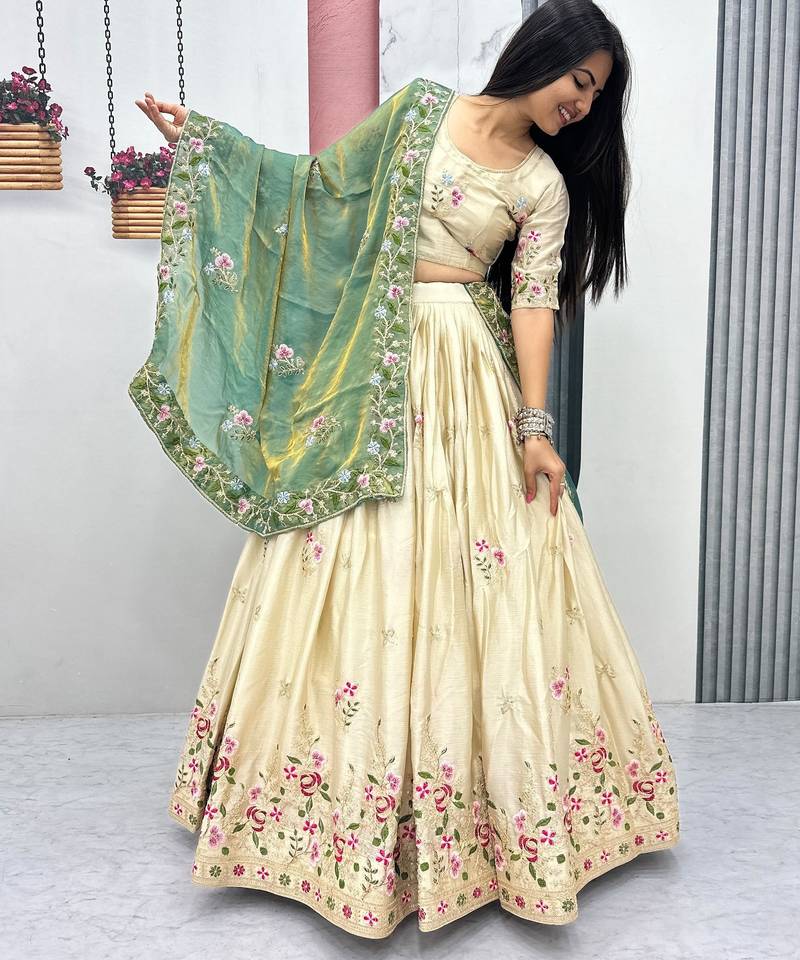 Off White Color Embroidery ,Thread and Sequence Work Silk blend lehenga choli set