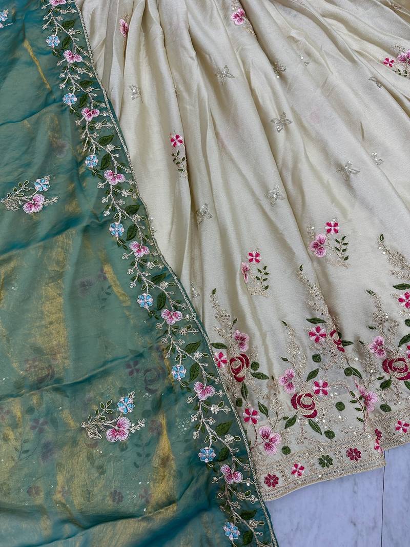 Off White Color Embroidery ,Thread and Sequence Work Silk blend lehenga choli set