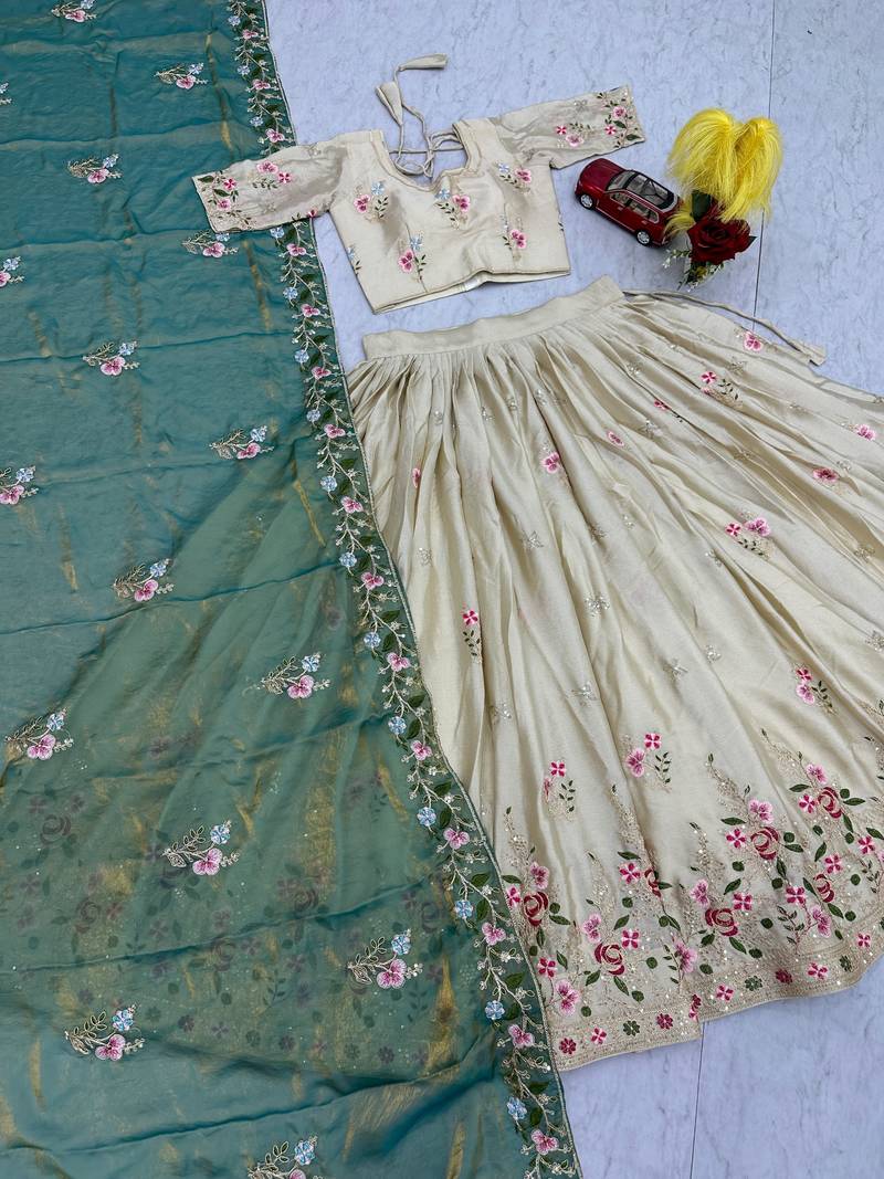 Off White Color Embroidery ,Thread and Sequence Work Silk blend lehenga choli set