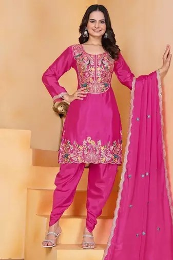 Pink coding sequins embroidered chinon stitched salwar kameez
